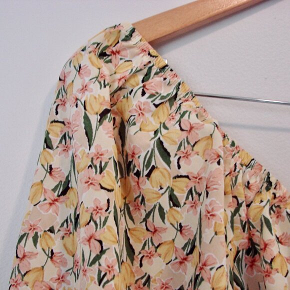 Yellow Floral Midi Dress Prairie Ditsy Babydoll Ruffle Puff Sleeve Size Large - Picture 6 of 16